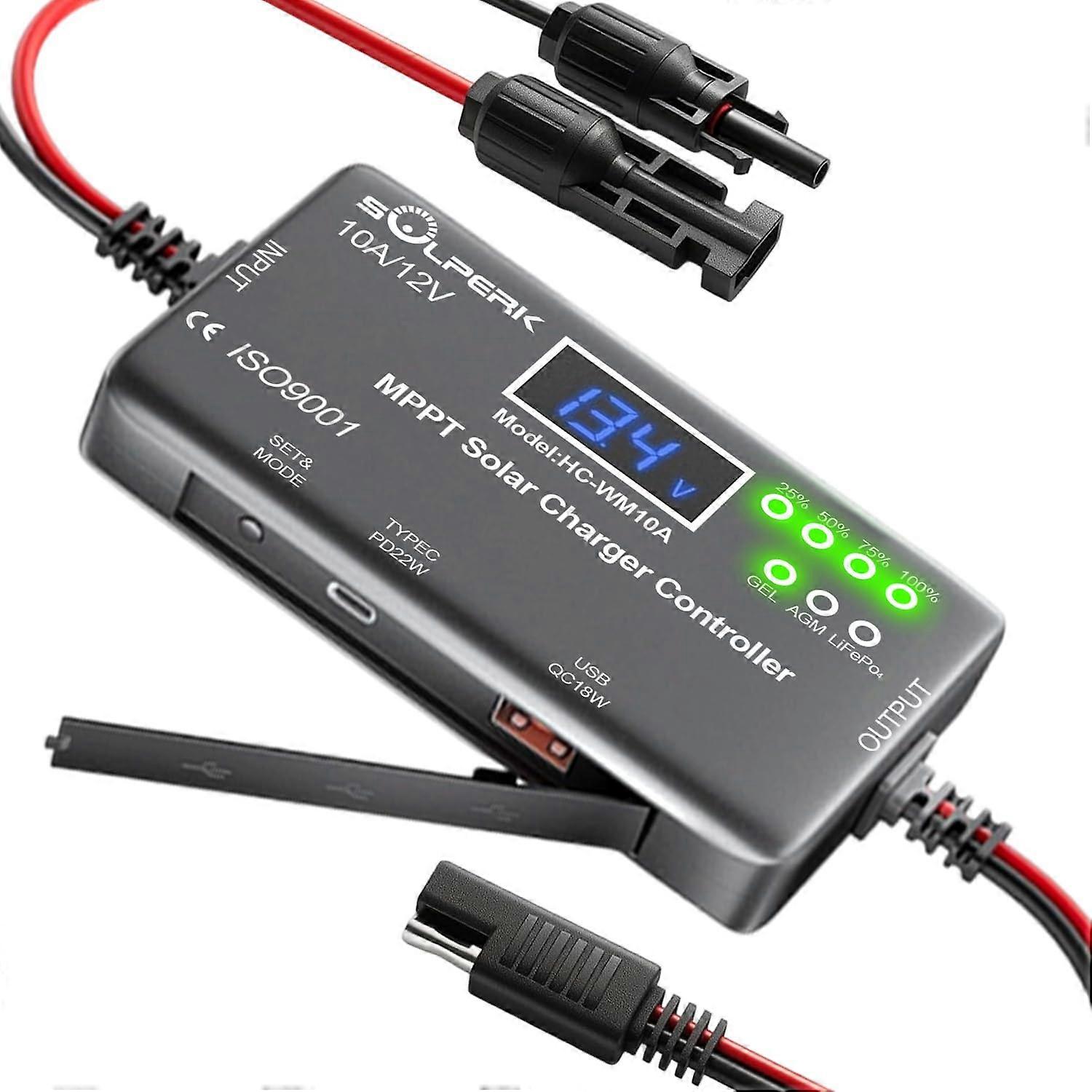 10A 12V MPPT Solar Charge Controller with LCD, USB TypeC, 99% Efficiency for RV and OffGrid