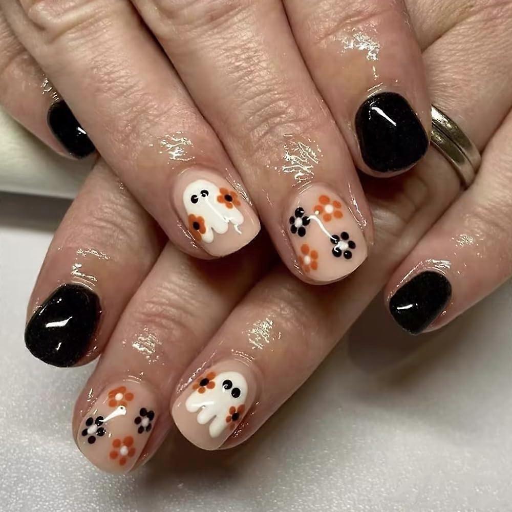 Halloween Press On Nails Set  Short Black Square Ghost Design, Reusable Acrylic Full Cover