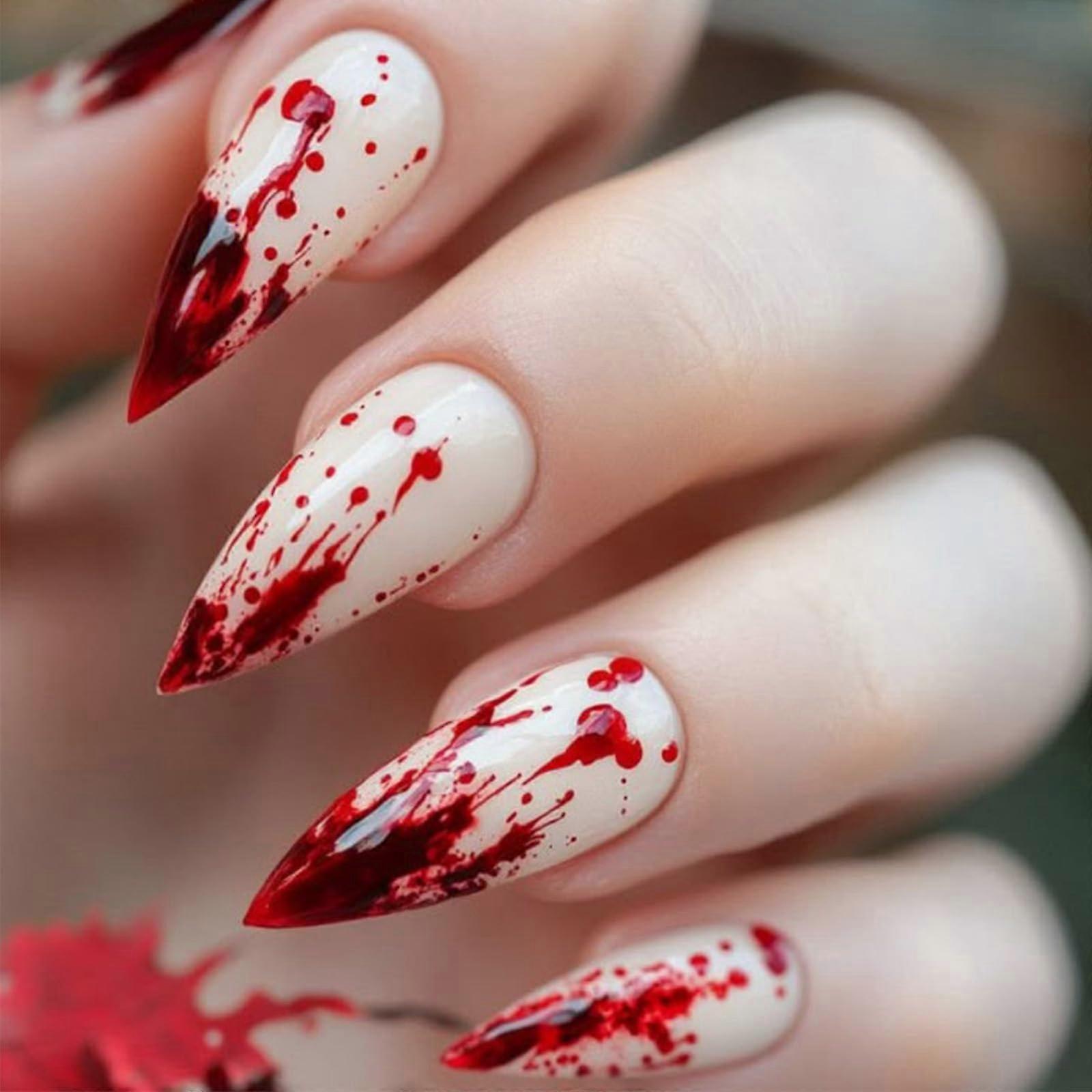 Halloween Vampire Press On Nails Glossy Red Medium Almond Acrylic False Nails Set 24PCS
