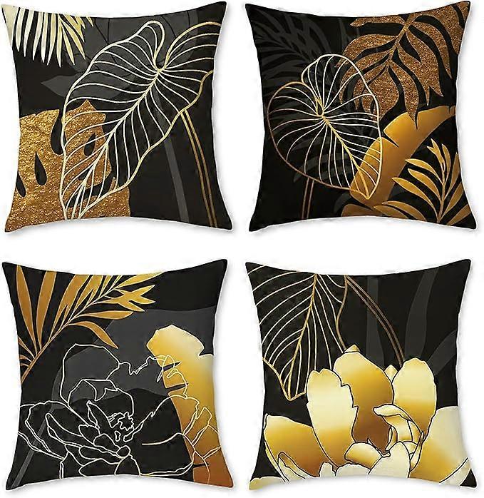 Linen throw pillow cover, gold leaf pattern