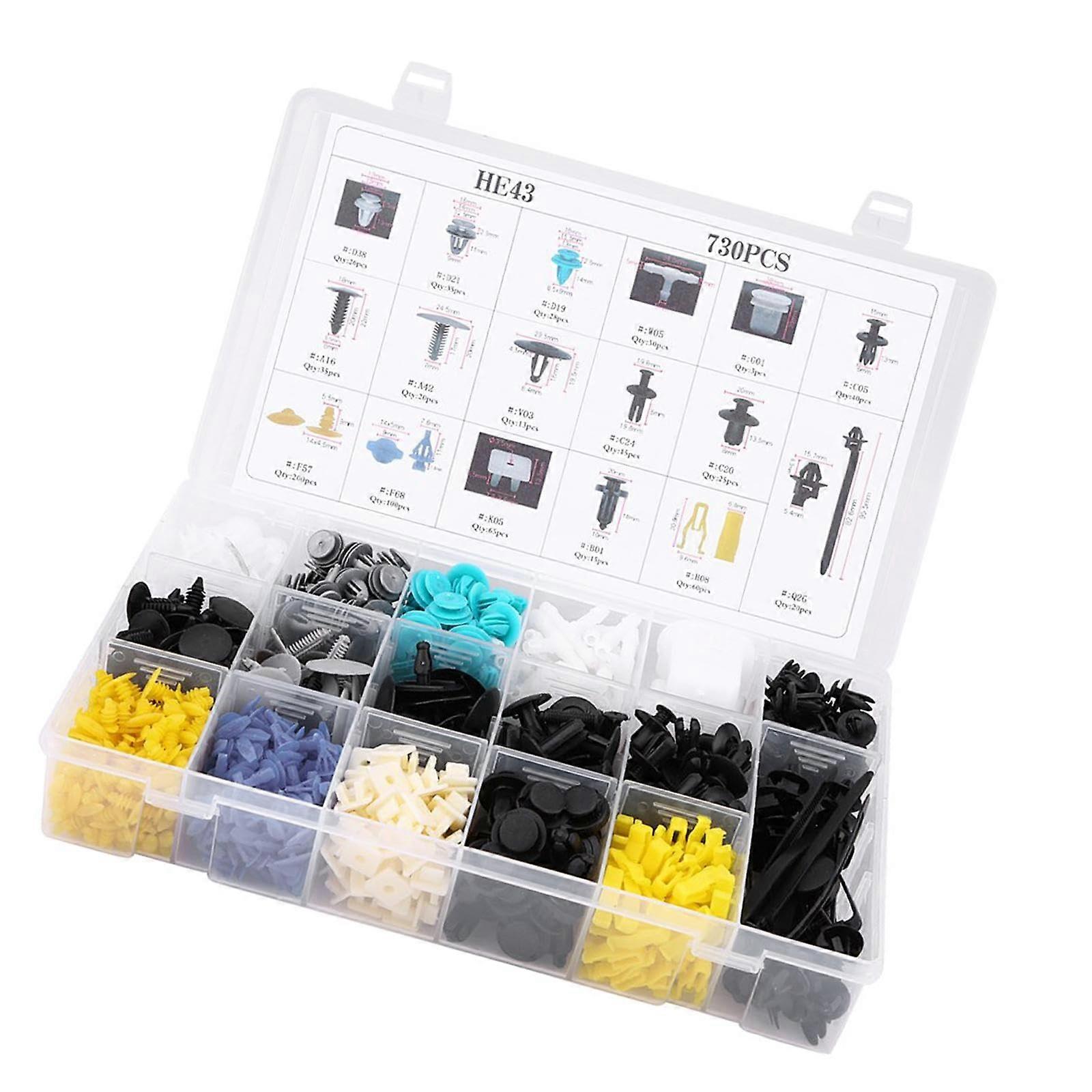 730pcs Car Retainer Clips Set with Multiple Types for Door Trim Panel Fasteners in Storage Box