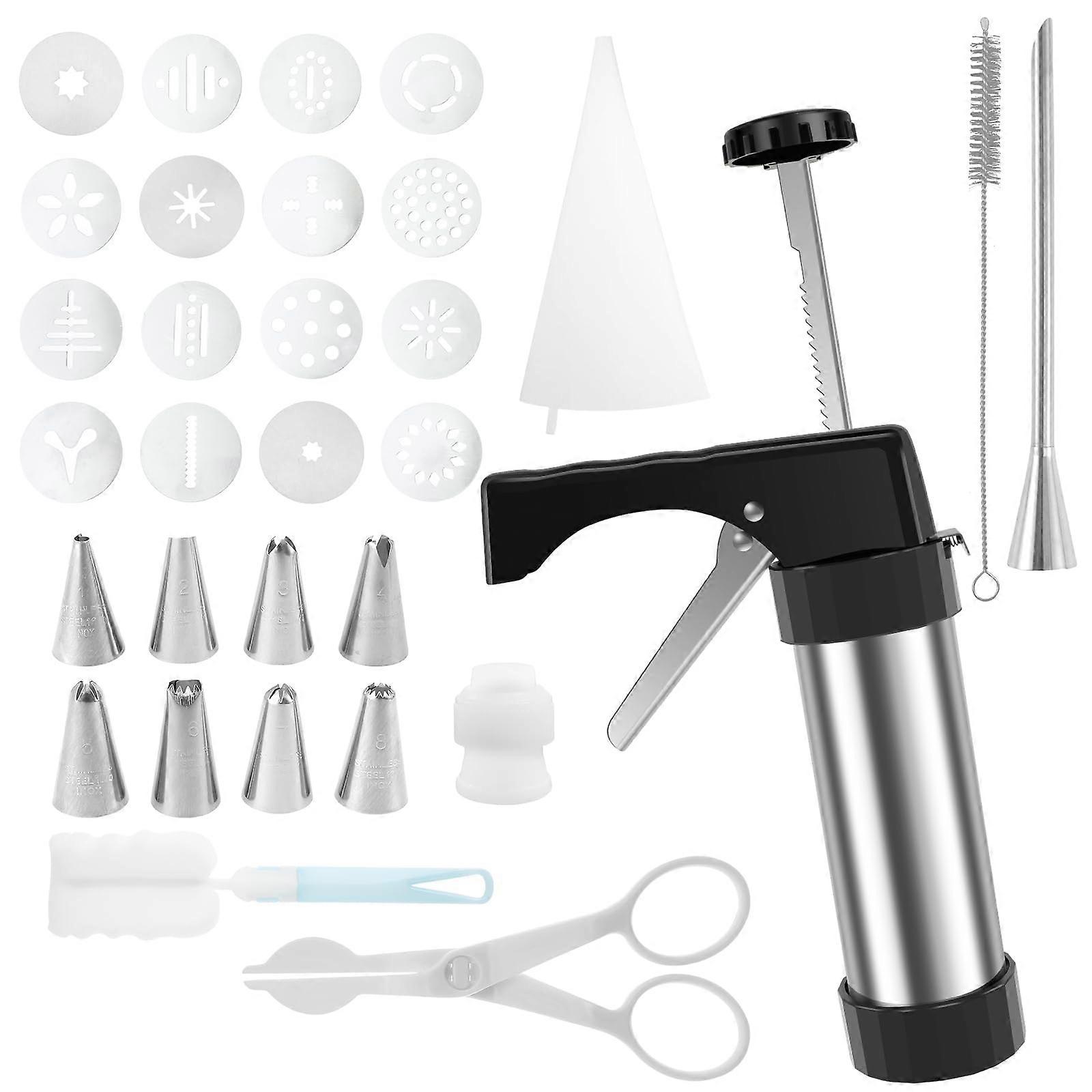 Stainless Steel Churro Maker Kit and Cookie Press Set with Ergonomic Handle and Multiple Shape Plates