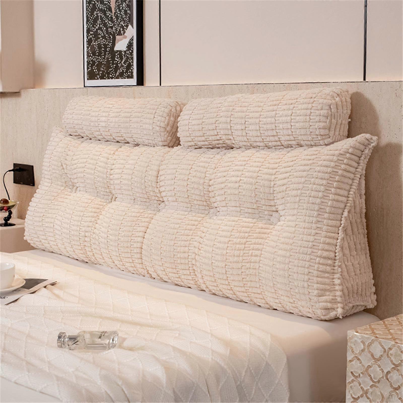 Wedge Reading Pillow with Neck Roll, Large Triangular Backrest Cushion, Velvet Cover, White 80cm