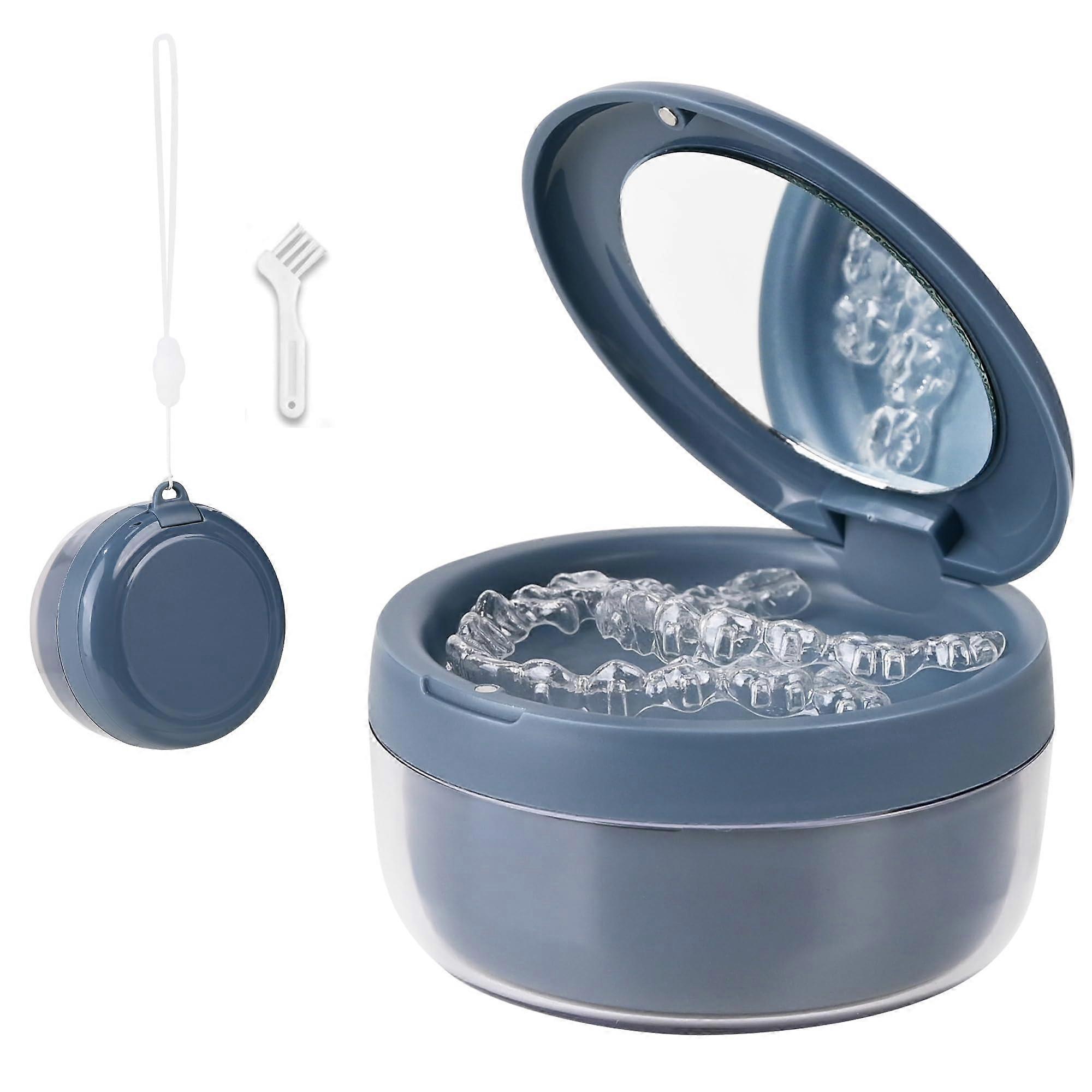 Denture Cleaning Case Leakproof Bath Cup with Strainer and Builtin Mirror for Travel