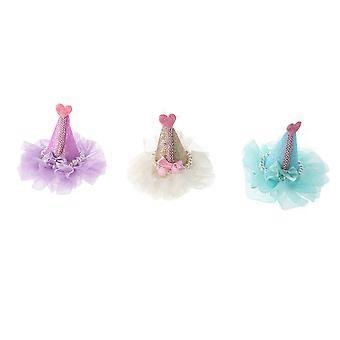 3pcs Adorable Cat Dog Pet Birthday Party Hat Shaped Hair Clips (Purple, Green and Gold)