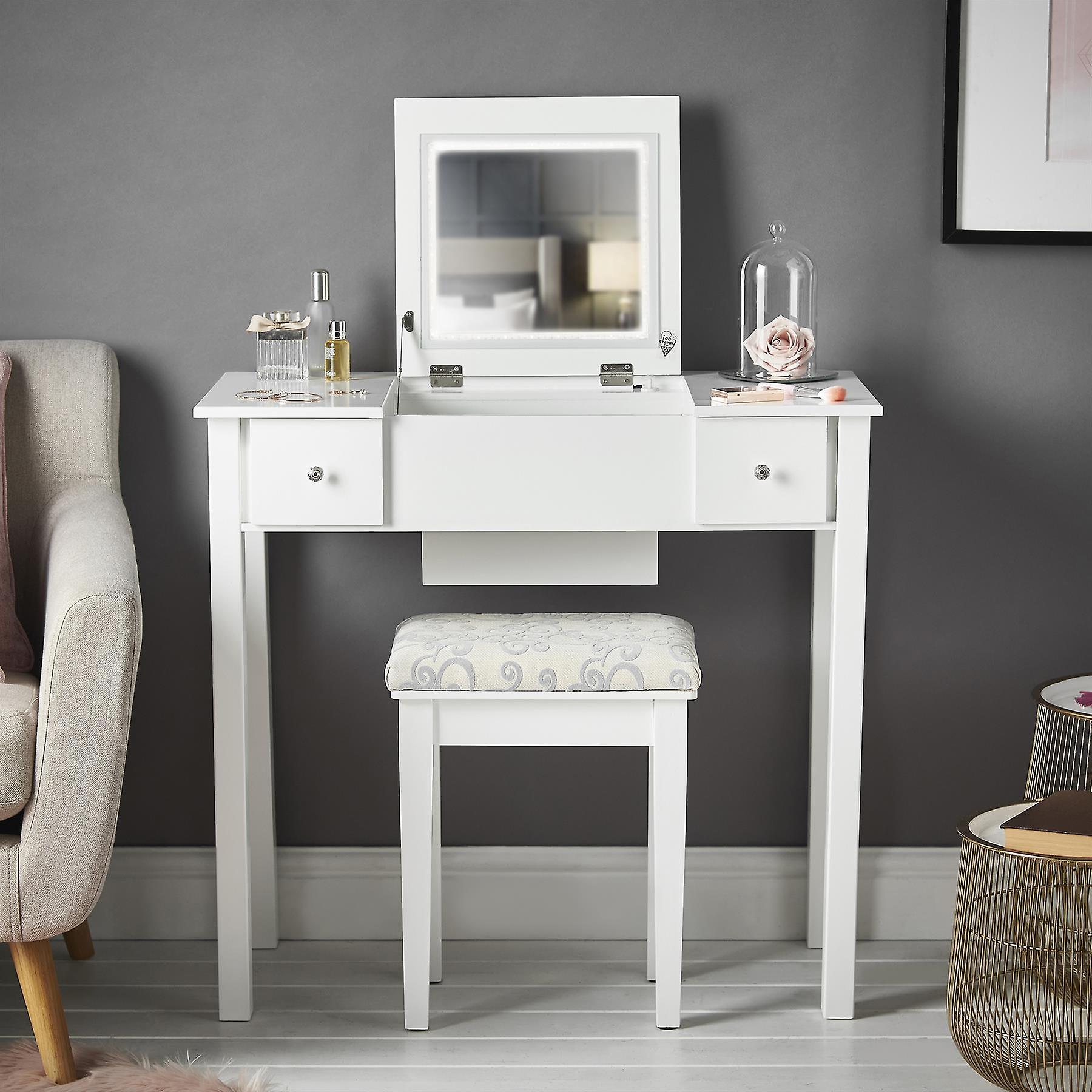 Coco Dressing Table with Flip Top Mirror Stool Set White