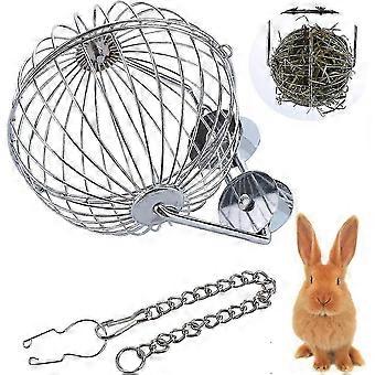 Heuball aus Edelstahl, hängender Futterspender mit Ständer für Kaninchen, Ratten, Chinchillas, Hamster und Meerschweinchen, 1 Stück, silber, 26-27 cm