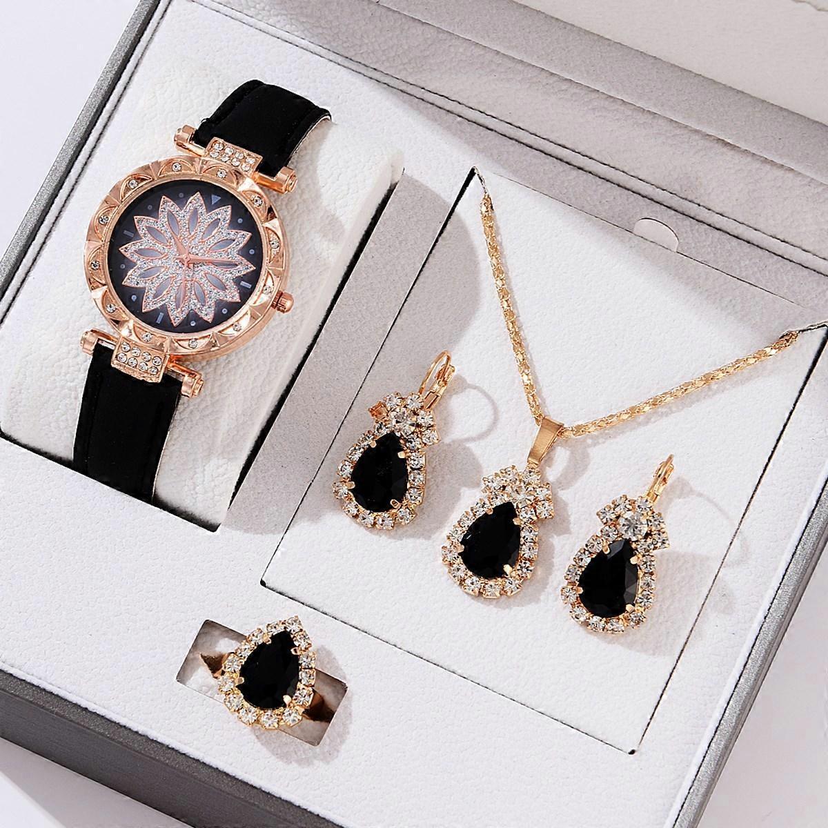 Women's Leather Watch Set with Bracelet - 5pcs