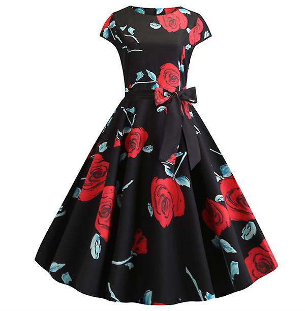 Kuuma myynti Muoti Uudet naiset Retroprintti Lyhythihainen Hepburn Lace Up Mekko Swing Hame