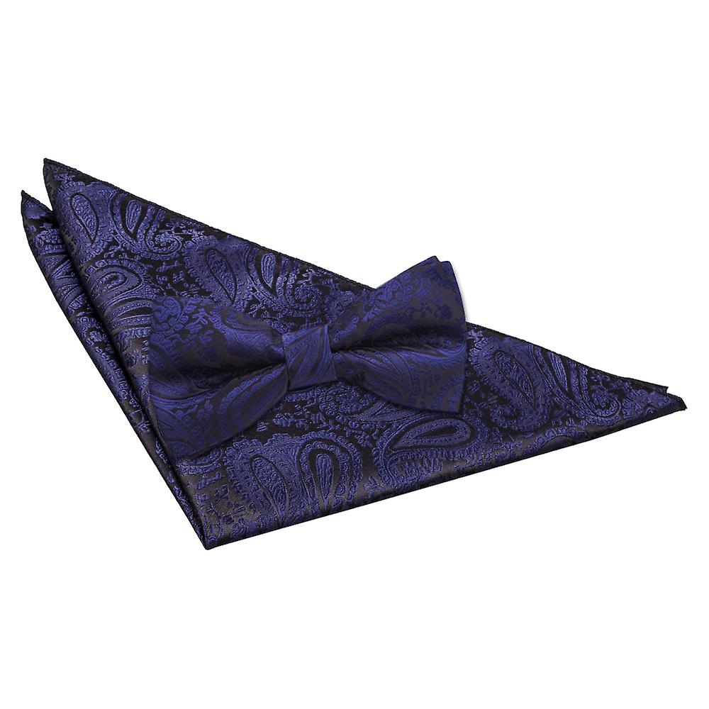 Navy Blue Paisley Bow Tie and Pocket Square Set