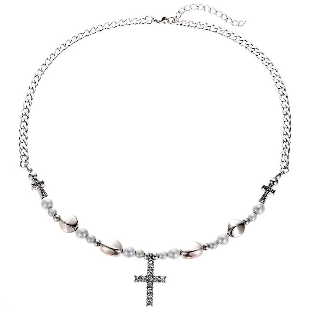 Collier Perle Réfléchissant Mode Croix Pendentif Collier Déclaration Bijoux
