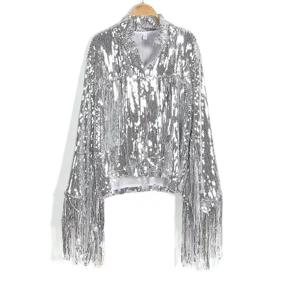 Women's Sequin Jacket With Tassel, Metallic Shiny Cardigan