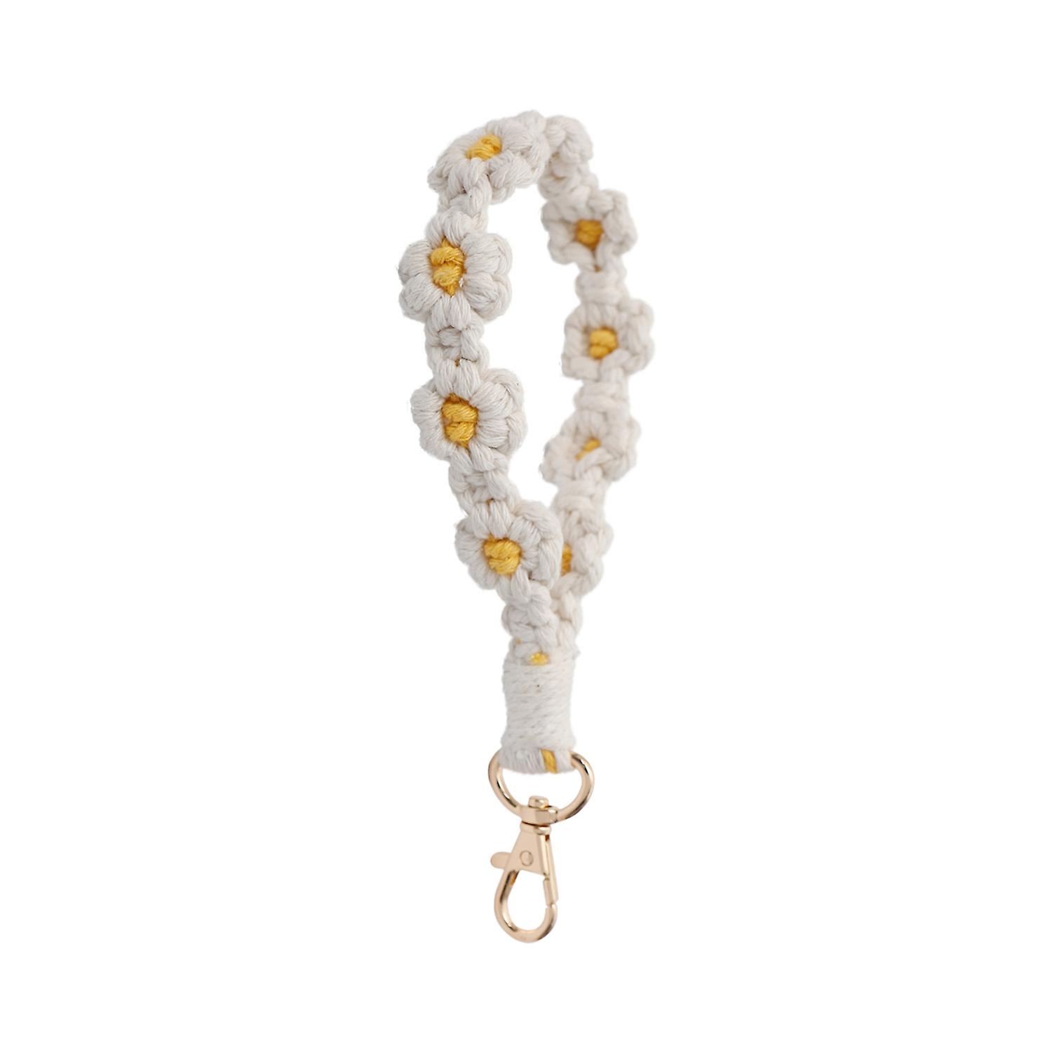 Handmade Boho Macrame Keychain, Floral Daisy Wristlet for Women