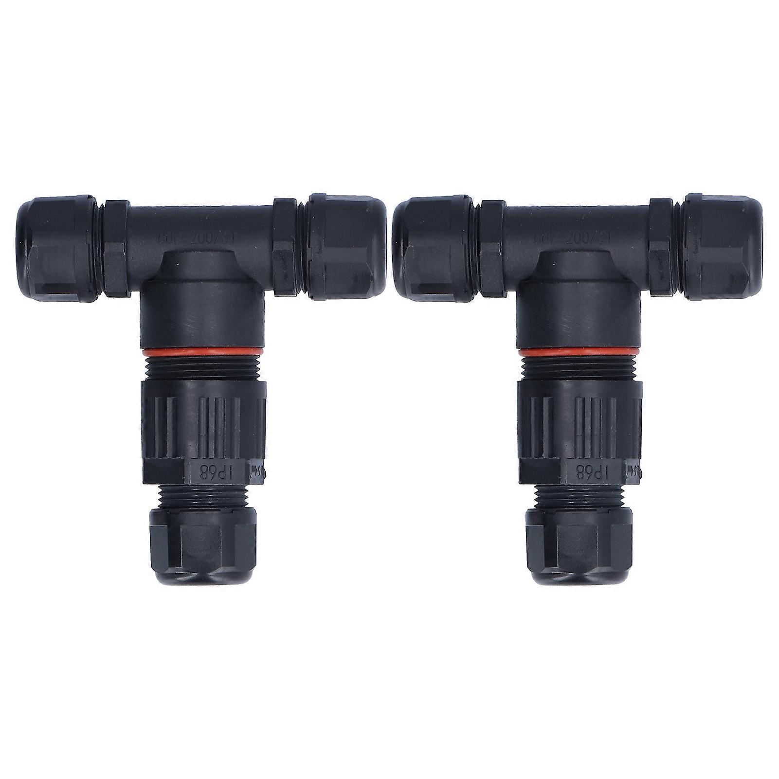 2Pcs 3 Way Junction Box Waterproof T Shape Cord Connector for Outdoor Flood Lights2 in 2 Out