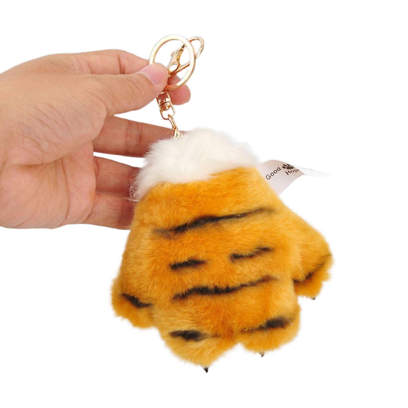 Plush Keychain Pendant with Ring Cute Cartoon Tiger Paw Doll Hanging Key Ring Decor Gift for Kids