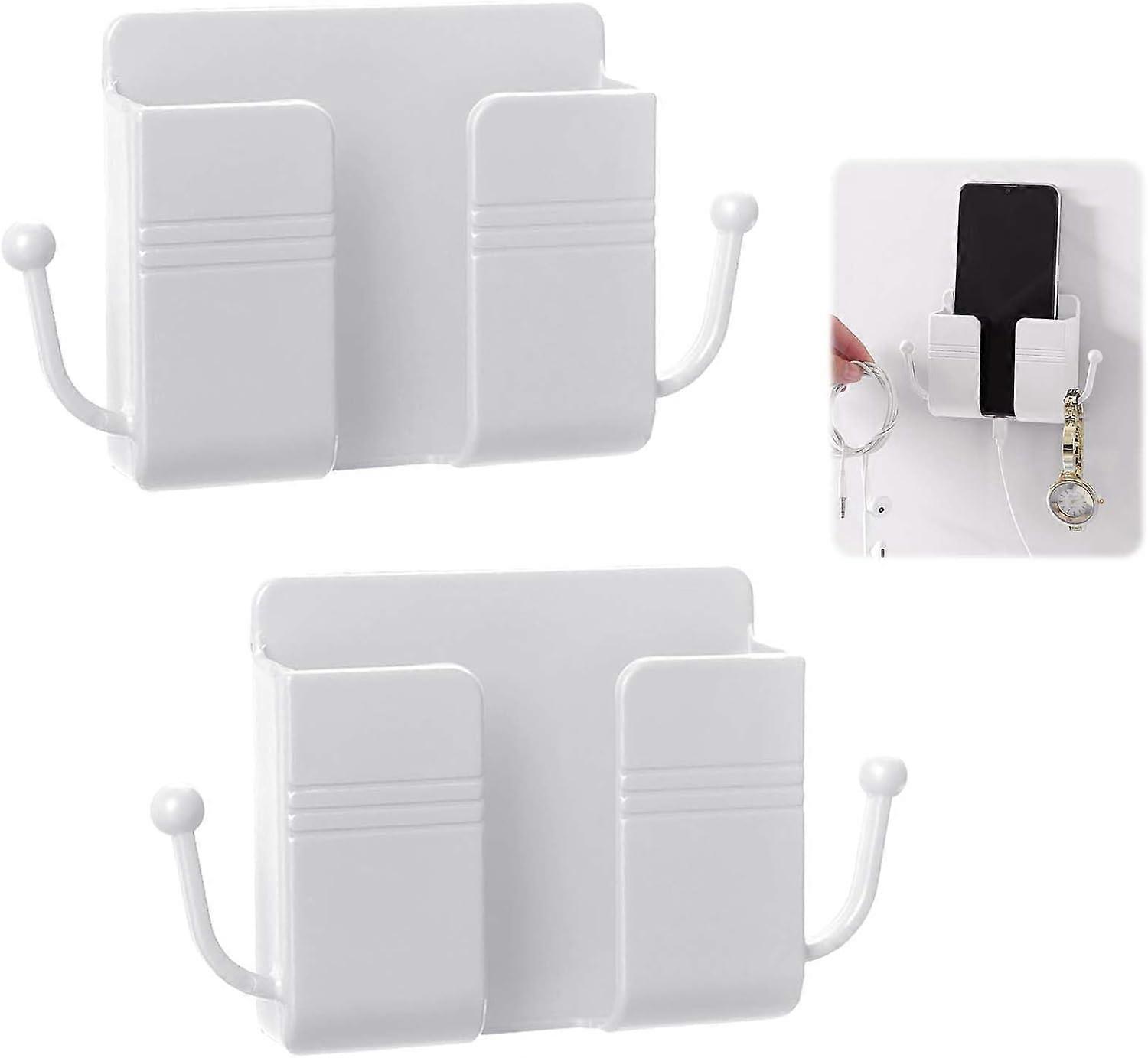 2 Pieces Wall Mounted Cell Phone Holder, TV Remote Control Storage, ABS with Hook Wall Mounted Organizer Box, Self-Adhesive Mini Storage Box Charging