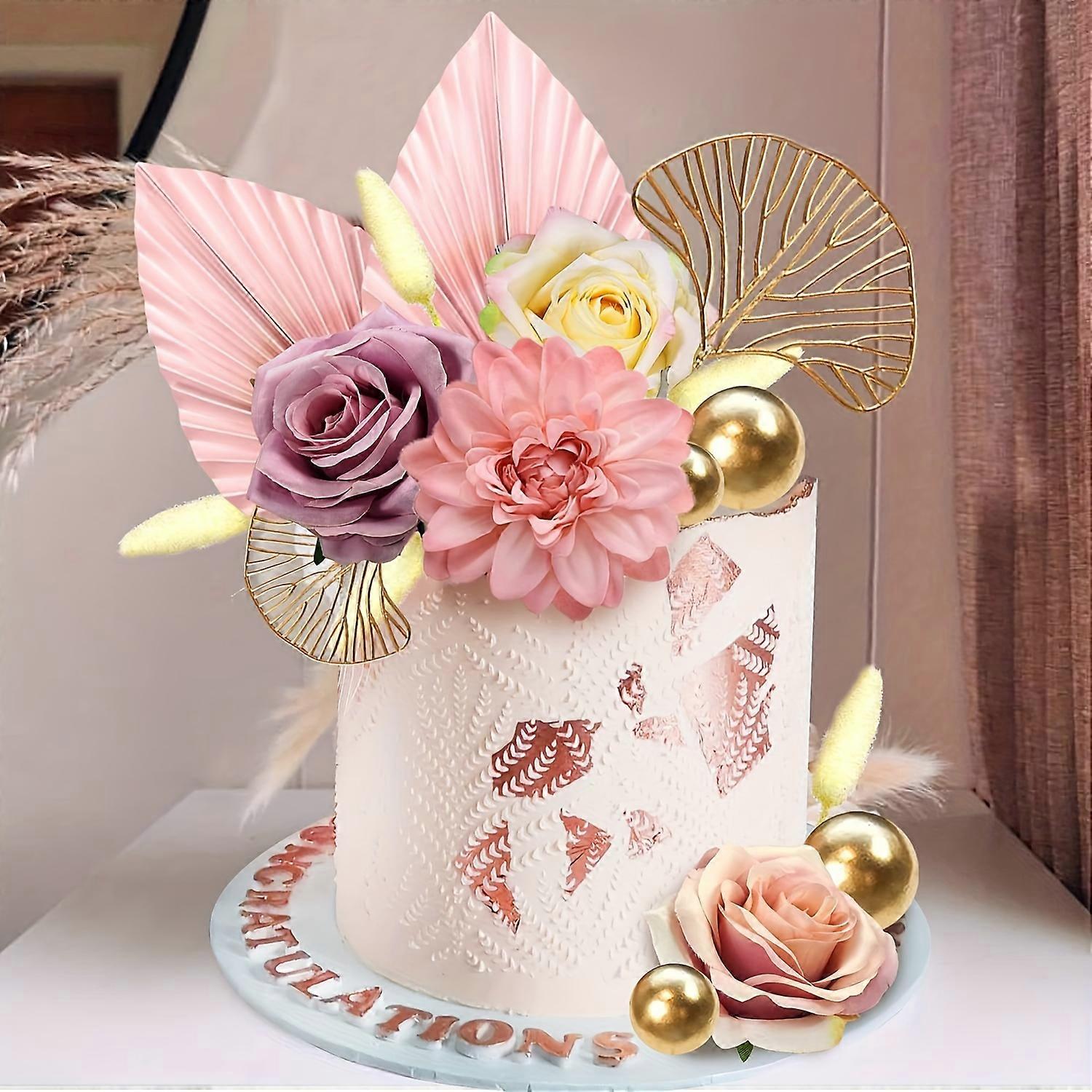 11pcs Boho Cake Topper Flower Cake Topper Golden Palm Leaves Cake Decor With Artificial Rose Ginkgo Leaves And Balls For Wedding Birthday Boho Flower