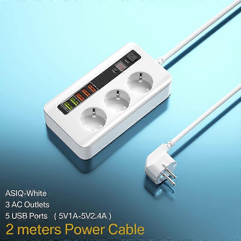 2500W Smart Power Strip, Extension Cable with Switch, Overload Protection for Office and Home, 3 AC Outlets with 5 USB