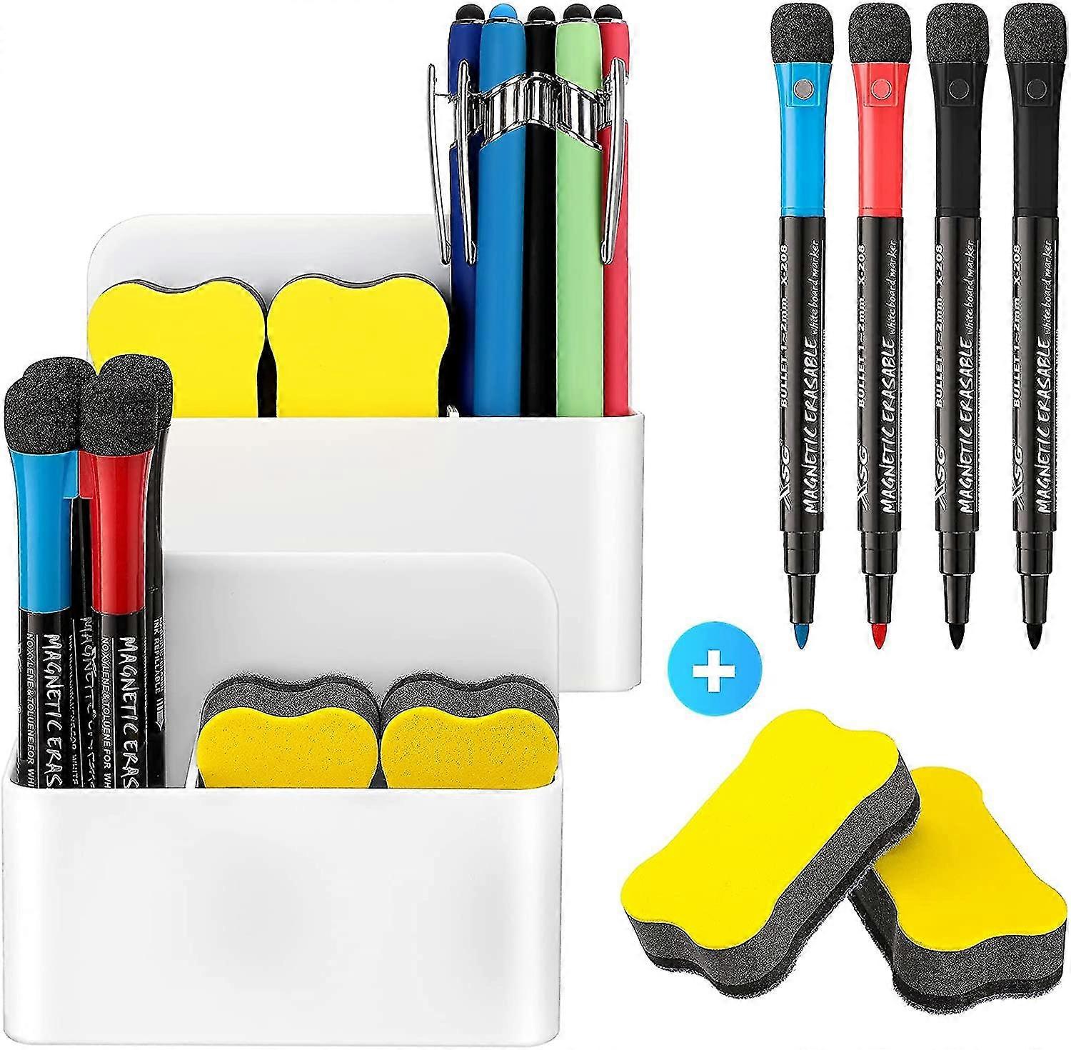 2 Pieces Magnetic Dry Erase Marker Holder Magnetic Pen Marker Holder With 2 Magnet Board Eraser And 4 Erasable Markers For Whiteboard, Fridge, Metal L