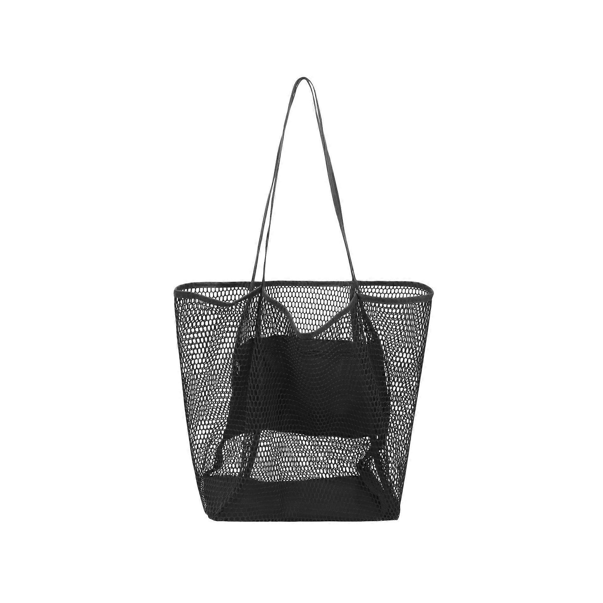 Large Capacity Foldable Women's Beach Bag - Sandproof, Solid Color, Lightweight Black