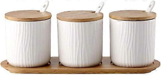 Ceramic Condiment Pot with Lids Spoons Wooden Serving Tray for Kitchen 9.5*