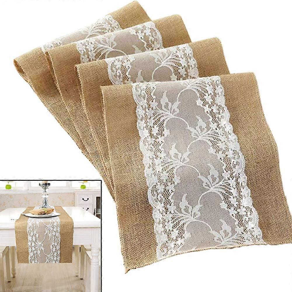 Vintage Rustic Table Runner White Burlap Tablecloth Lace Burlap Table Runner Christmas Winter Home Decorations for Wedding Festival Party Decoration C