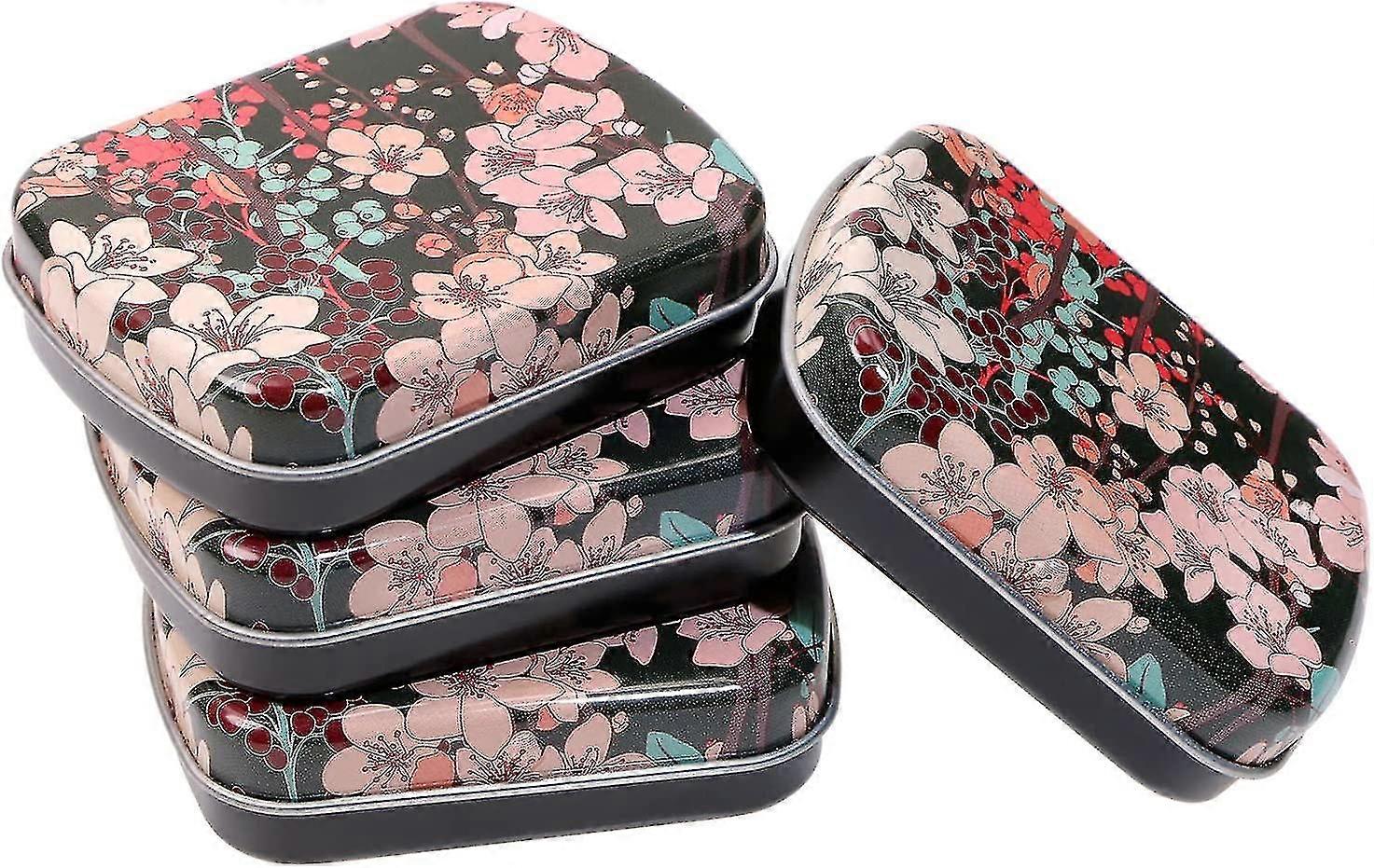 4pcs Small Metal Portable Storage Box, Mini Rectangle Empty Hinged Tins With Lid(black & Floral)