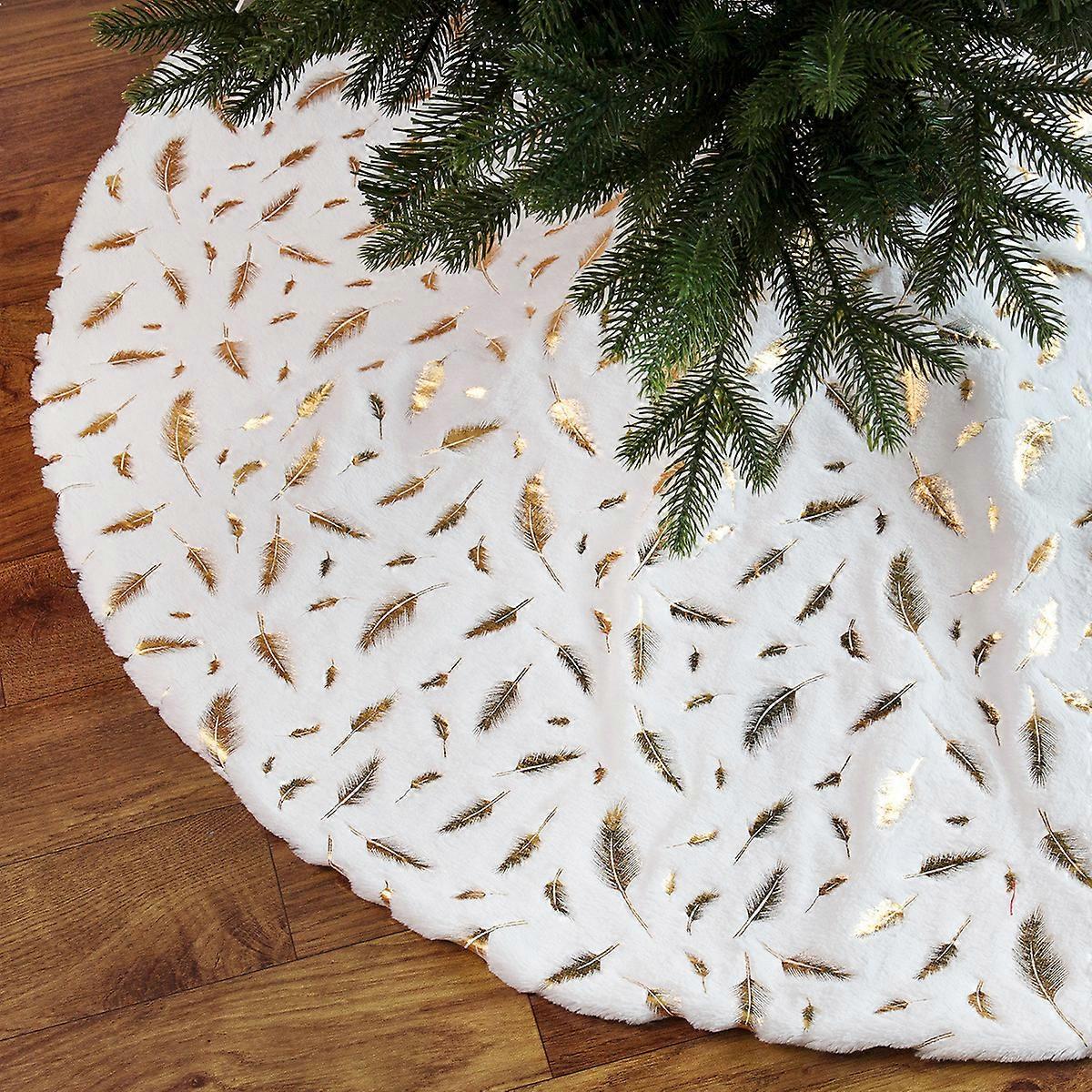 Christmas Tree Skirt White, 48 Inch gold Sequin Feather Tree Skirt, Xmas Plush Tree Mat for Holiday Party Indoor Decorations