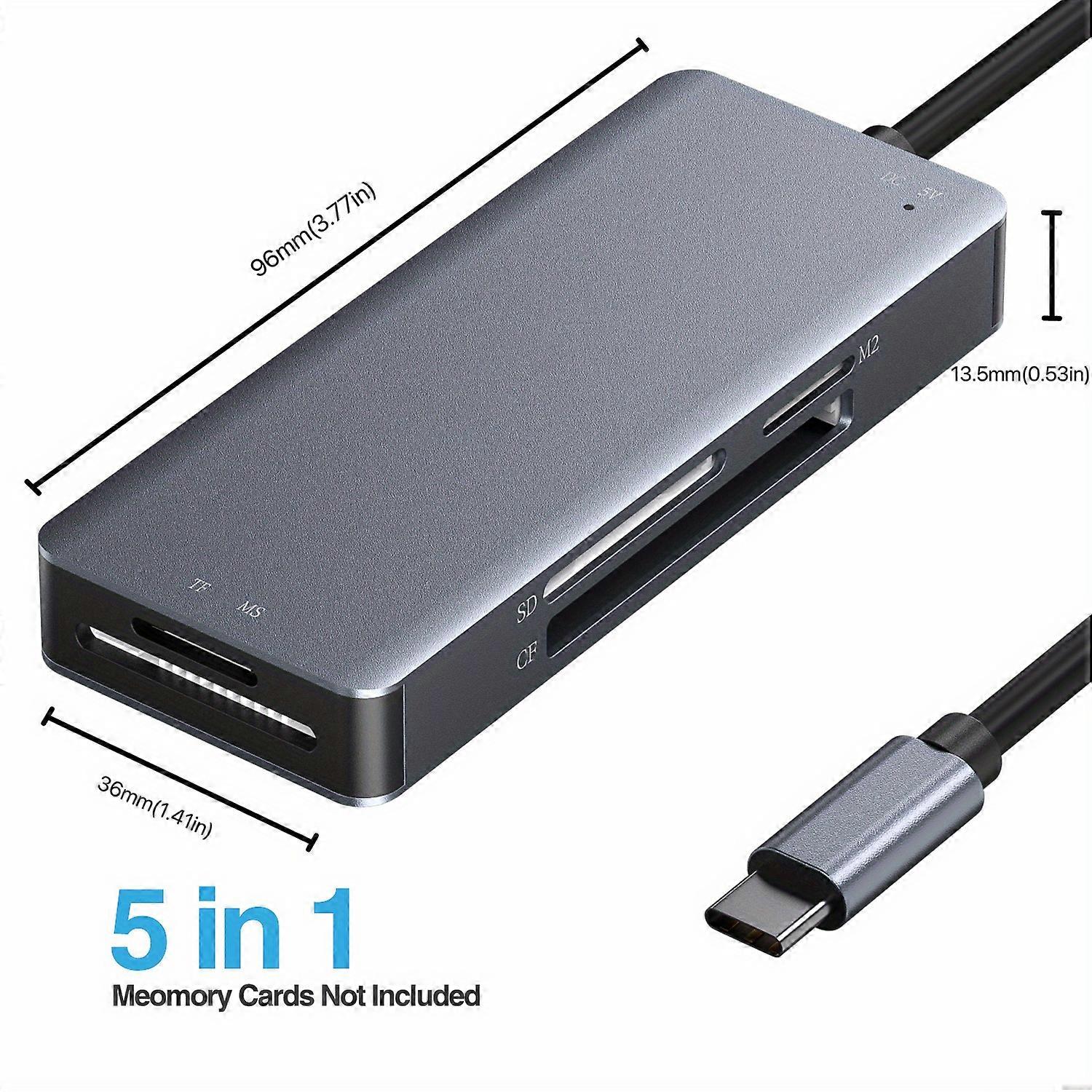 USB C SD Card Reader, 5- In-1 Aluminum Thunderbolt 3 Memory Card Reader For CF, SD/SDHC, TF/Micro SD/MS/M2, CompactFlash Card - Grey