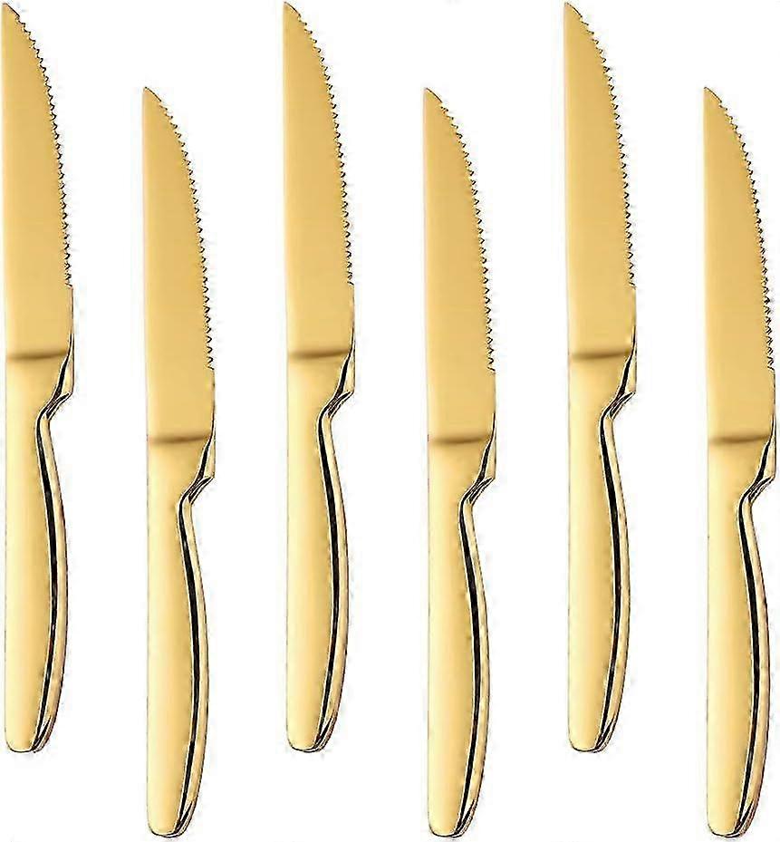 Stainless Steel Sharp Gold Steak Knife, 6 Pieces 18/0 Elegant Design Dish Knife with Mirror Polished