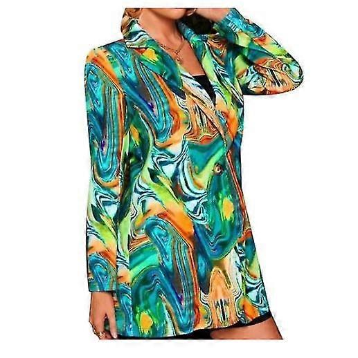 Women's Graphic Print Blazer Button Open Front Long Sleeve Jacket Multicolored