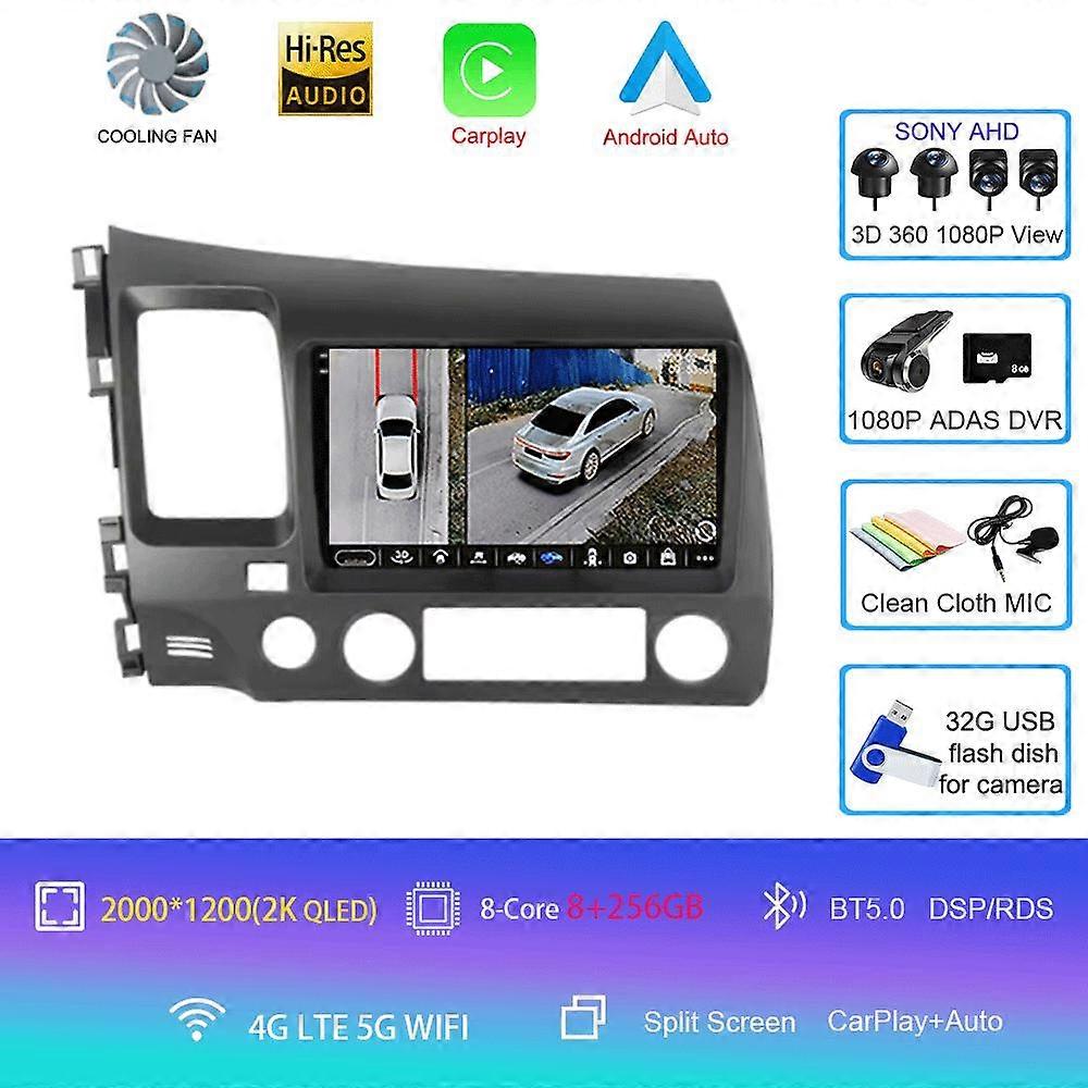 ホンダシビック8th 8gen 2005 2006 2007 2008 2009 2010 2011マルチメディアワイヤレスCarplayのAndroid自動のためのカーステレオラジオAndroid 14