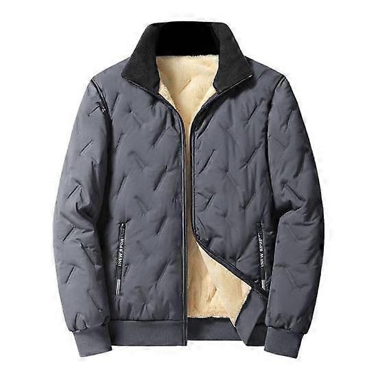 Men Jacket Lapel Long Sleeve Embossed Lines Zipper Pockets Elastic Hem Plush Lining Coat Solid Color