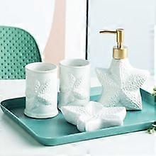 Bathroom Accessories Set, 4 Pcs Beach Starfish Ensemble Sets Ceramic Bathroom Counter Sets Includs Soap Dispenser Soap Dish & 2 Gargle Cup, Creative