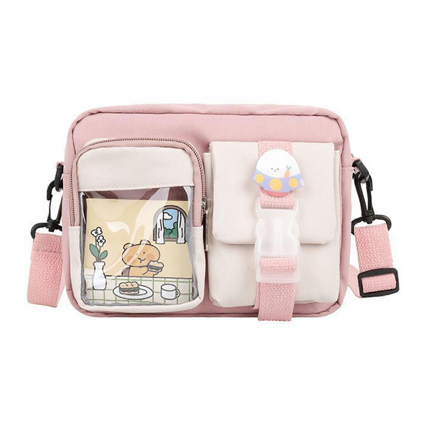 用途の広いバッグ、小さなキャンバス、クロスボディバッグ、トレンディな小さなショルダーバッグ、女の子と女性のための十分な収納力のあるスクエアポーチ、白とピンクのcontr