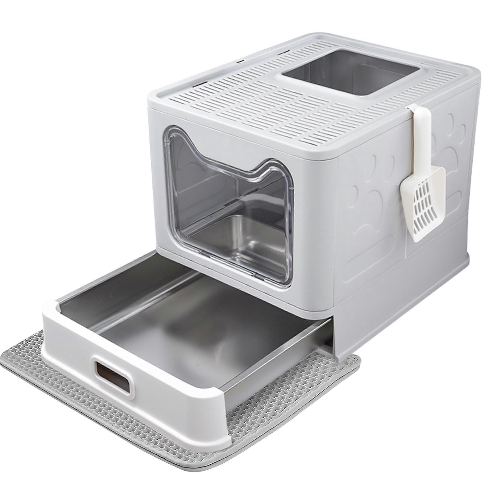 Enclosed Cat Litter Box with Lid, Stainless Steel, Leak Proof, Odorless, Easy to Clean, Includes Scoop & Litter Mat