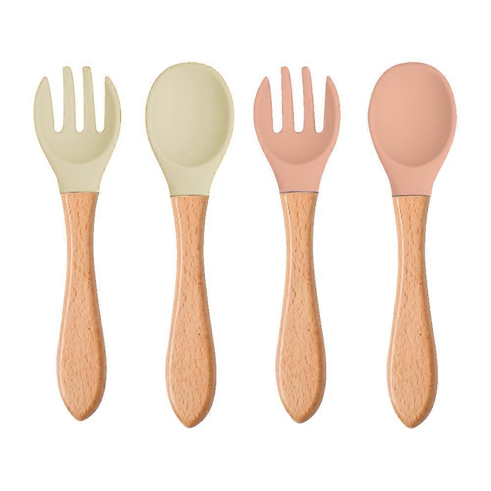 4pcs wooden handle silicone fork spoon