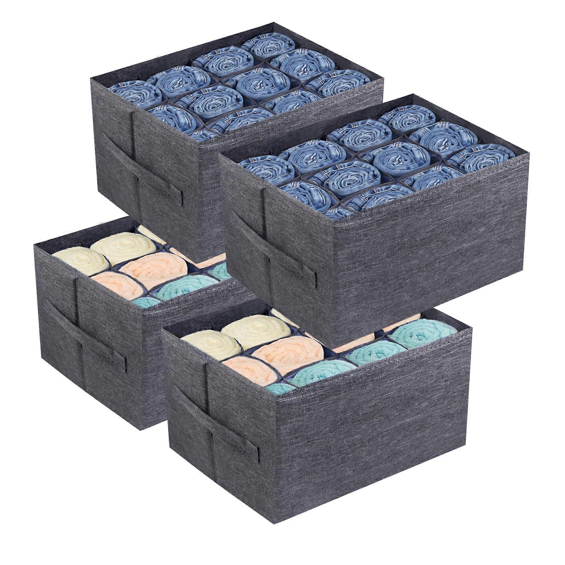 Wardrobe Organiser 4Pack Clothes Storage Boxes, 12Cell Foldable Closet Dividers, Stackable Cupboard Organiser, Grey