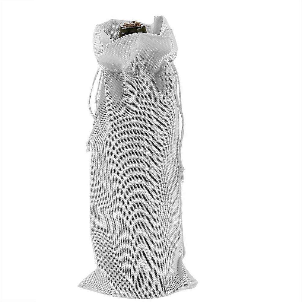 2025 12pcs Simple Linen Fabric Wine Bag with Drawstring Champagne Decorative Cover (White)
