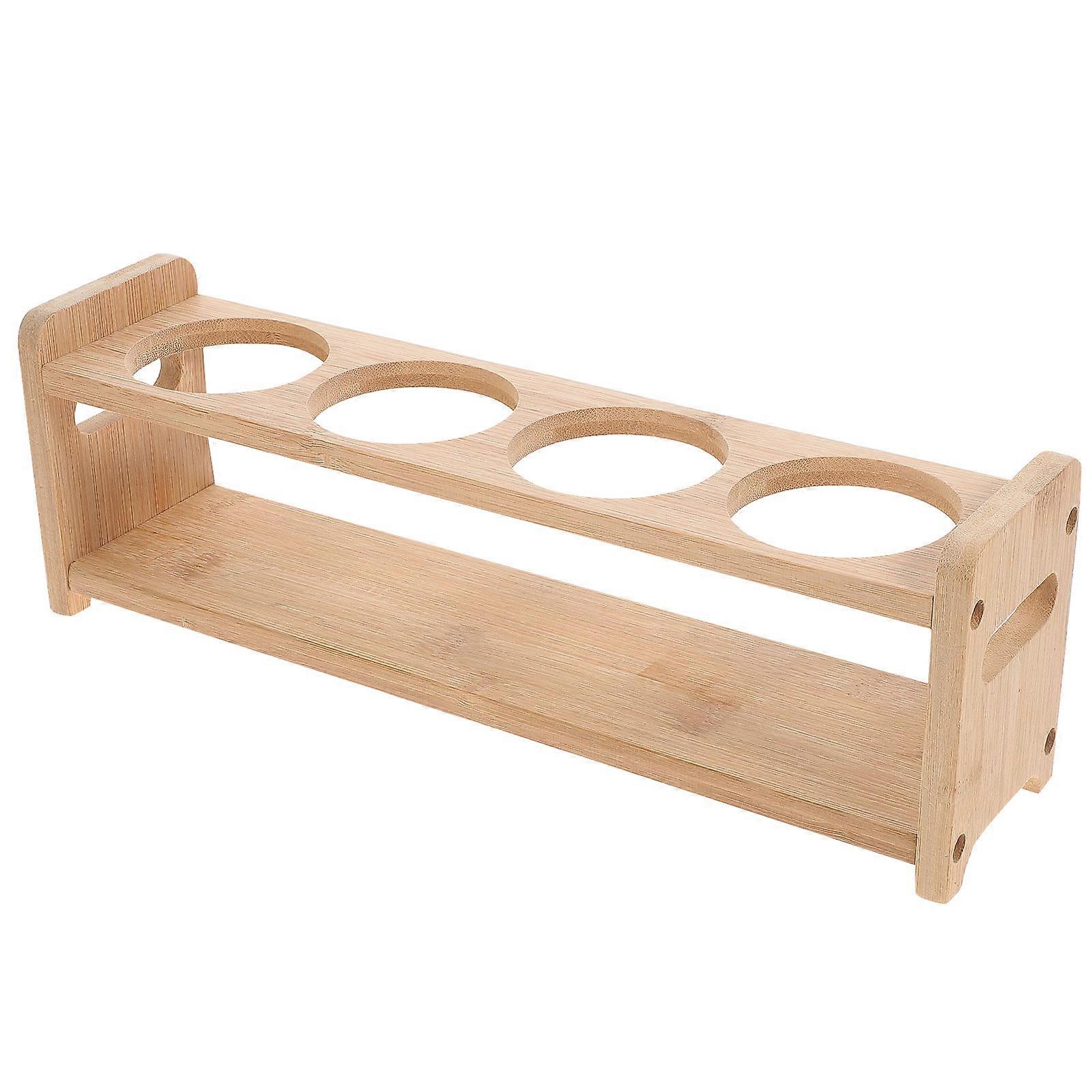 Bamboo Wood 4 Hole Condiment Bottle Holder Rack for Oil Jars and Spice Bottles Round Organizer with Smooth Finish for Countertop Storage