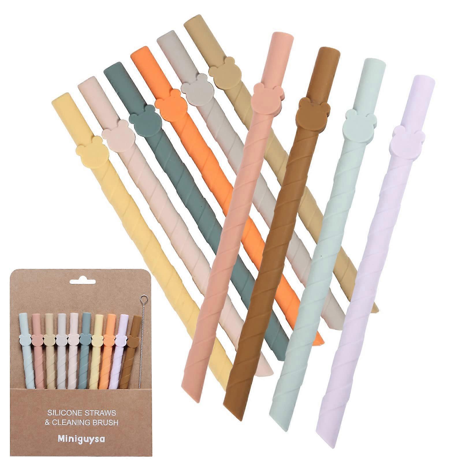Pack of 10 BPA-Free Silicone Straws 17.5 cm with Cleaning Brush, Reusable 10 mm Straight Eco-Friendly Straws