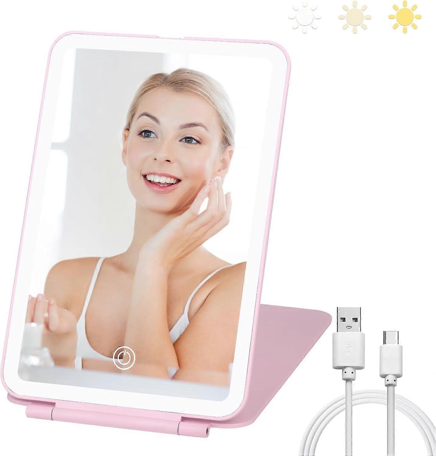 Travel Makeup Mirror with 3 Colors Light Modes, Folding Vanity Mirror with Lights, Adjustable Brightness, USB Rechargeable, Portable, Ultra Thin (Pink