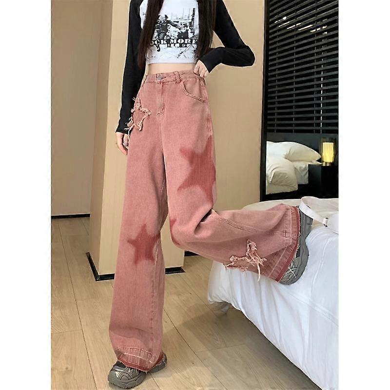 Retro Five-star Embroidery Raw Edge Jeans Spring and Autumn Loose Pant Thin Trousers for Women