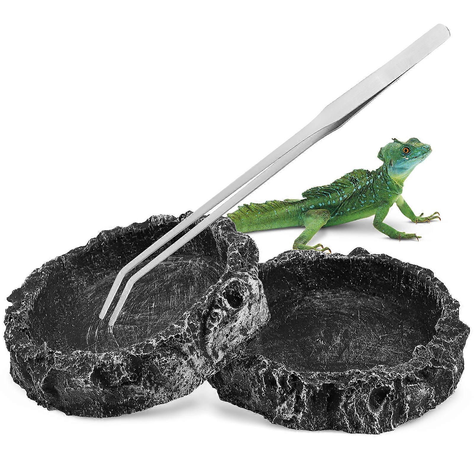 Resin Reptile Water Bowl with Tong for Pet Use Safe and Harmless Black 2 Pcs