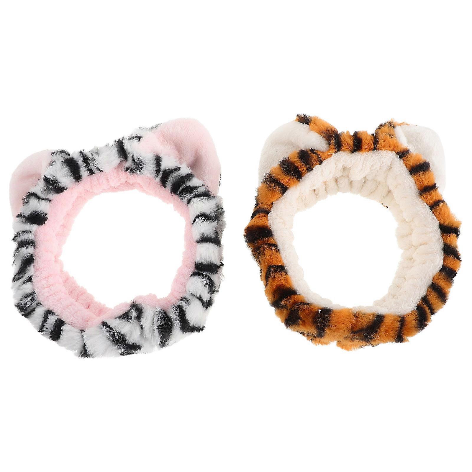 Cute Tiger Ears Plush Headband Set 2 Pcs Elastic Hair Wrap for Women's Beauty Routine Yellow White Print