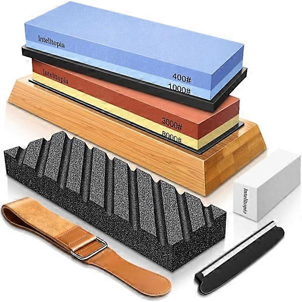 Complete Knife Sharpening Stone Set – Double Sided Whetstone 400/1000 3000/8000 Knife Sharpener with Leather Strop, Flattening Stone,