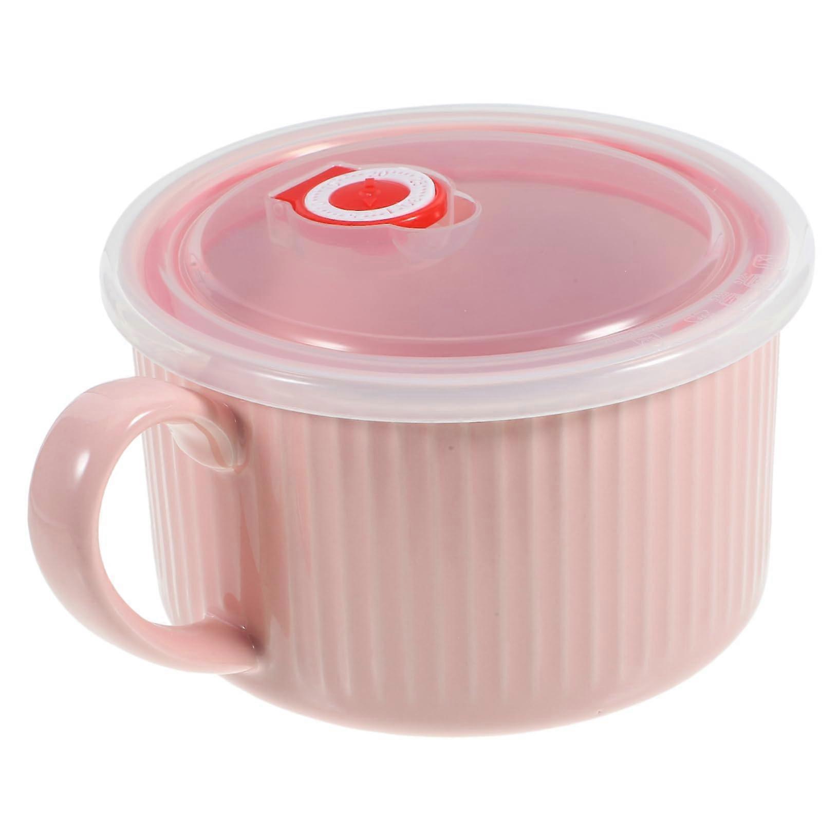 Ceramic Noodle Bowl with Lid and Single Handle, Microwave Safe, Keeps Food Fresh, Versatile Soup and Salad Bowl for Home and Office, Pink Design