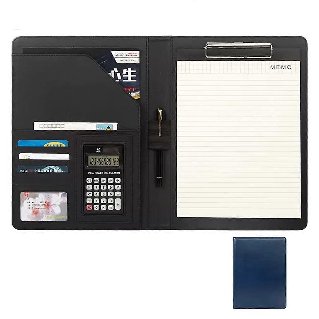 Leather Folder Padfolio A4 Binder Organizer With Letter Size Clipboard Blue 12 Digit Calculator