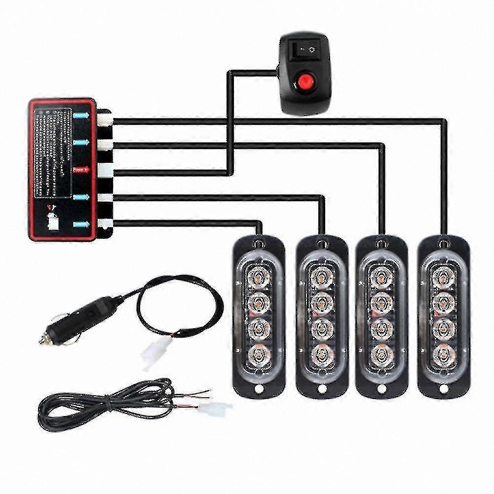 4-LED Strobe Light Kit, 12V Emergency Beacon with Flashing Function for Vehicles