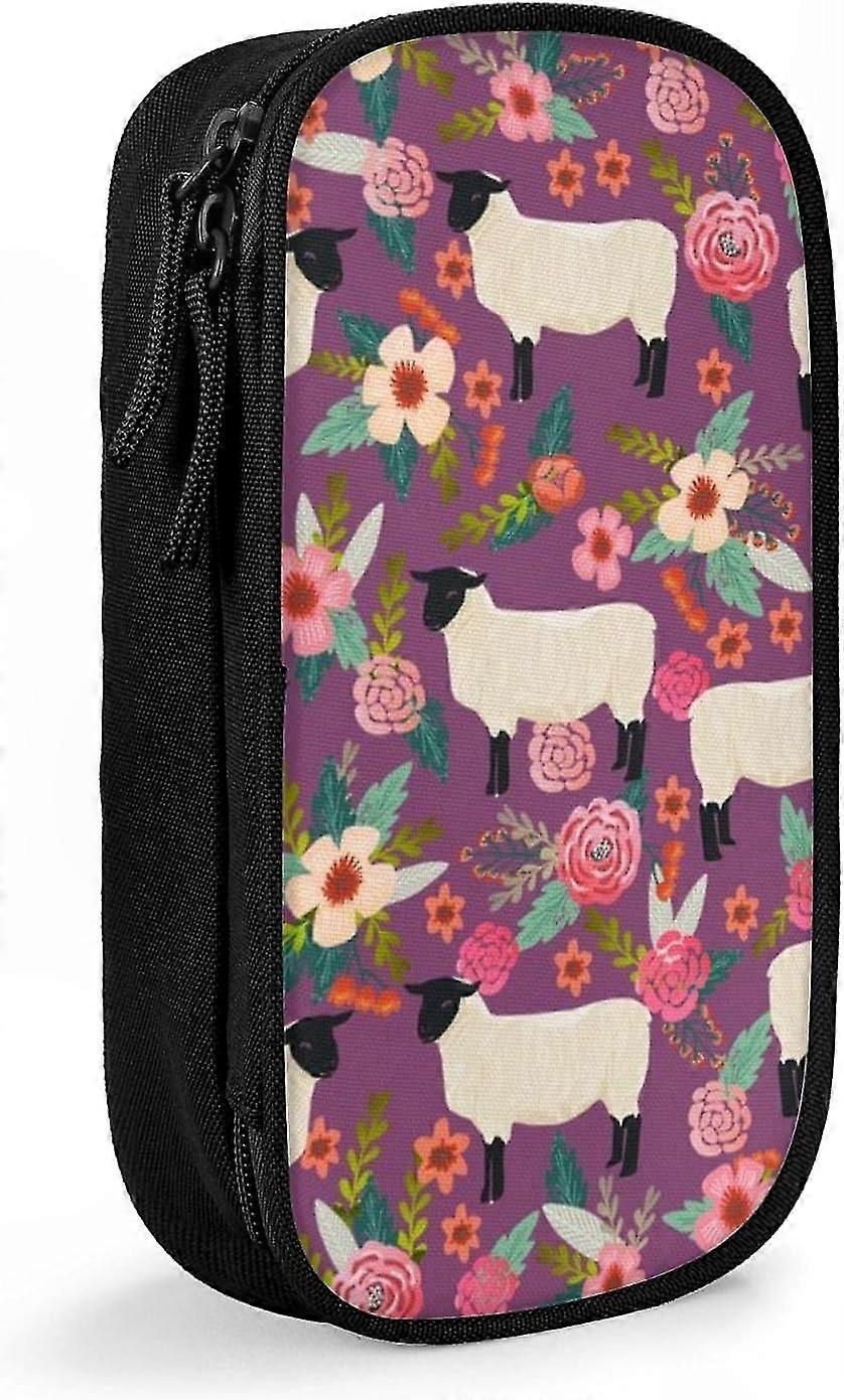 Amethyst Purple Pencil Case with Floral Sheep Design for School and Office Use